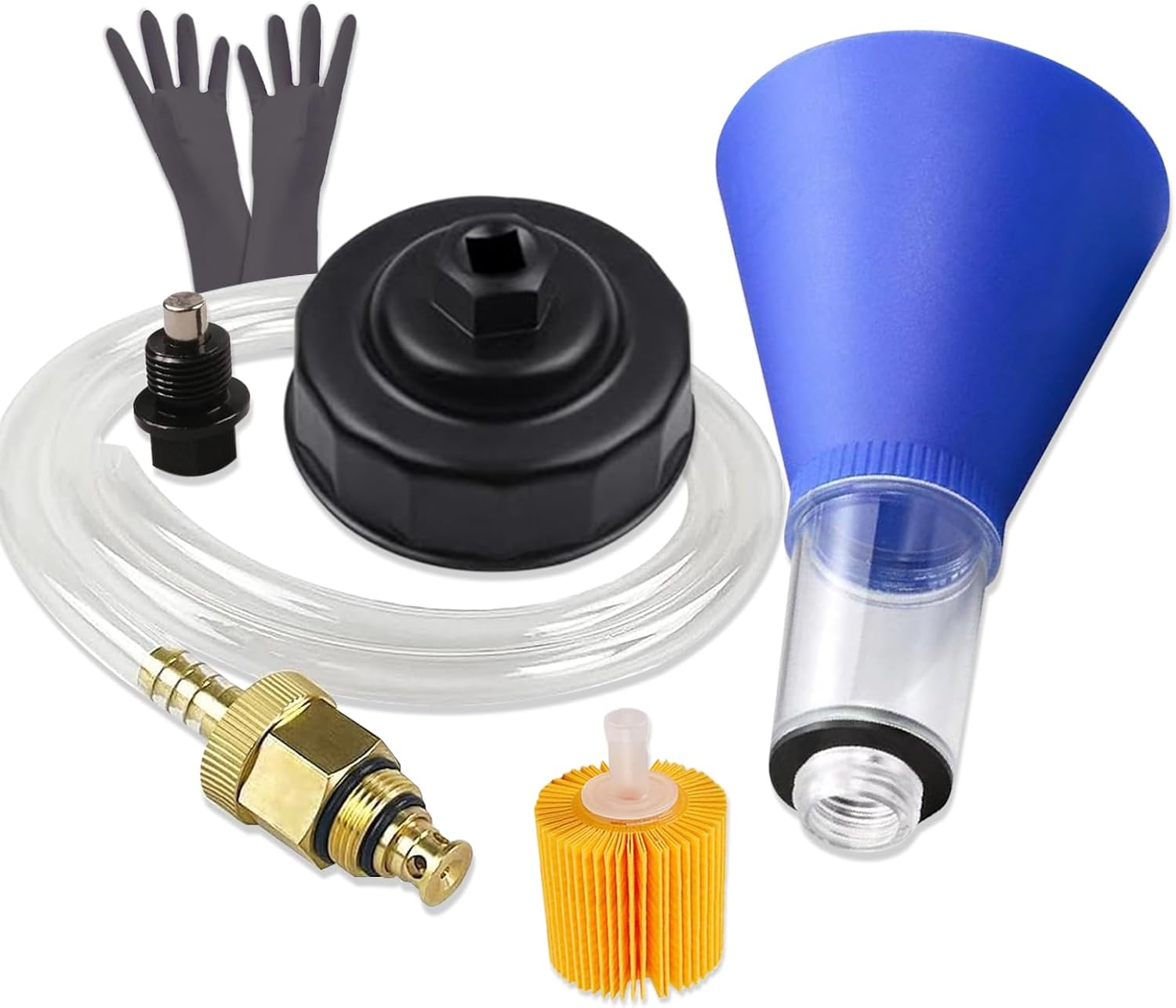 64mm Oil Filter Wrench, Drain Hose, Magnetic Oil Drain Plug,Engine Oil Funnel,Oil filter & Rubber glove for Toyota, Lexus and Scion 2.0-5.7L Engine Cartridge Style Oil Change Tools Kit