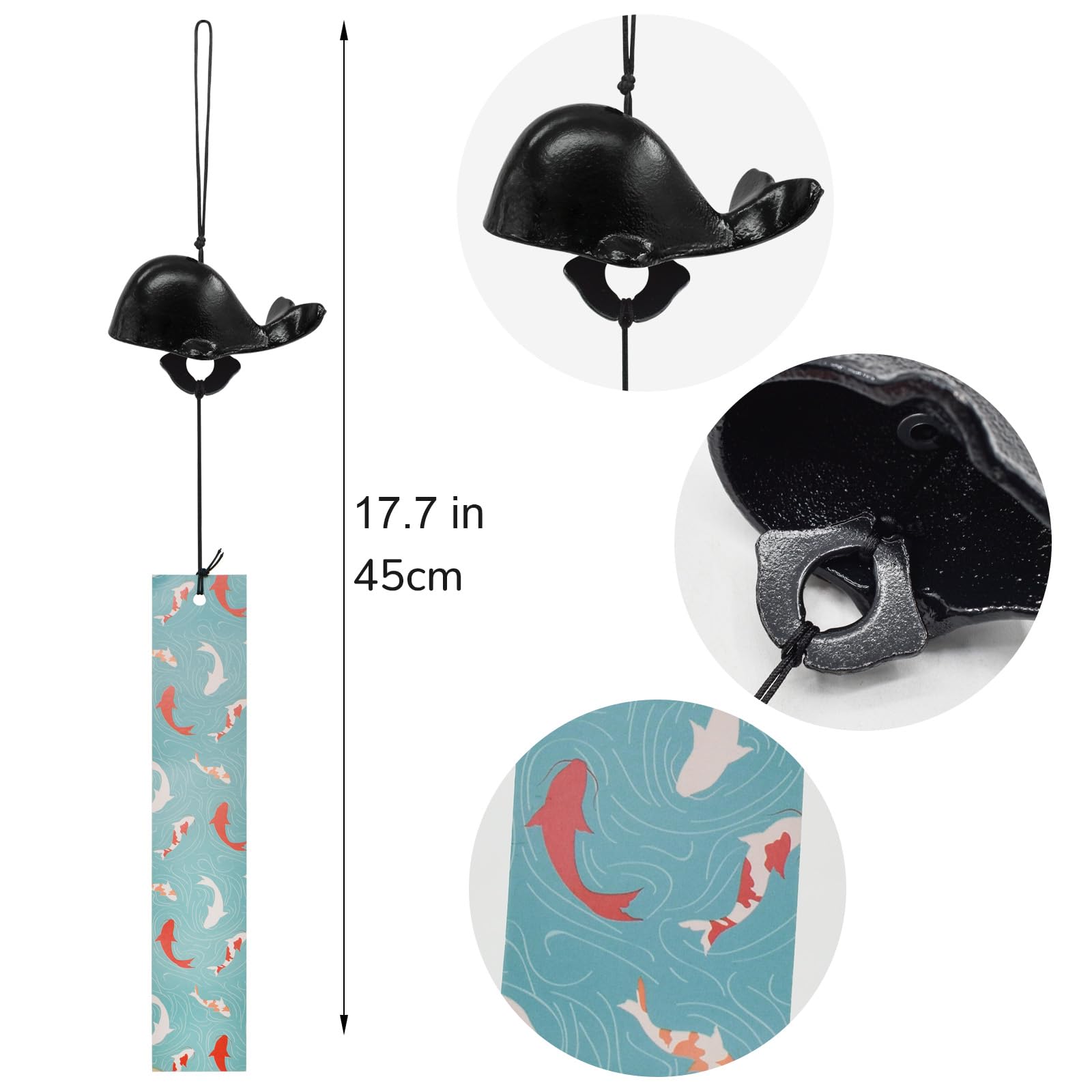 MrMrKura ウィンドチャイム 鋳鉄製 風鈴 金魚 クジラ 鉄風鈴 短冊付き 南部鉄器 レトロ 玄関 釣鐘 和風 インテリア 幸運 窓辺飾り 店舗用 プレゼント 夏の風物詩 (黒色 クジラ)