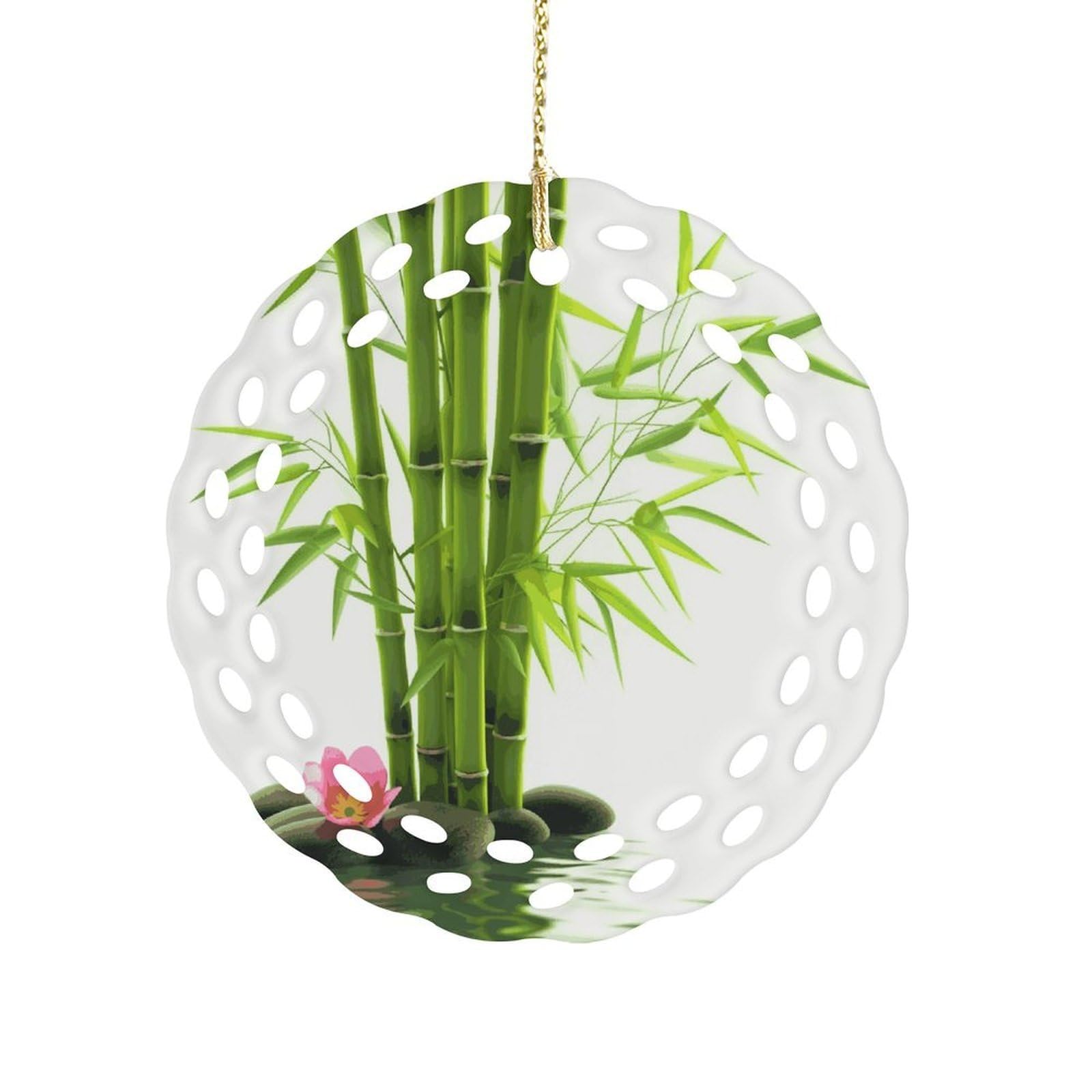 Fekiloot Women's Style Green Bamboo Lotus Ceramic Ornaments 3 Inch Round,Holiday Keepsake For ,Girls,Pet Owners,Hanging Ornament Gifts Idea For Home