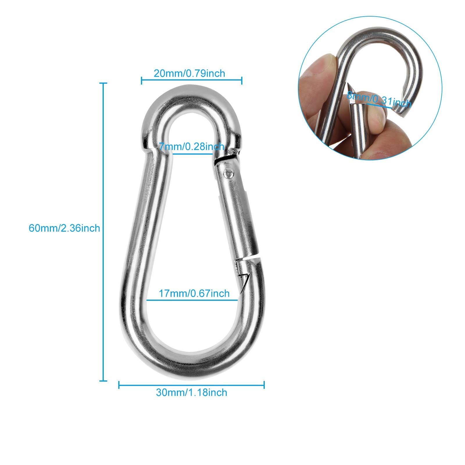 SENENQU M6 Mousqueton Acier Galvanisé, 60 PCS Mousqueton de Fixation pour Charges Lourdes - Capacité de Charge de 120 kg/260 LB, Crochet Mousquetons Balancoire - 60mm x φ6 mm