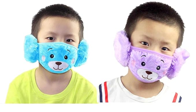 Generic Kids Girls and Boys Warm Winter Face Mask with Plush Ear Muffs Covers, Blue & Purple color, (3 Years to 10 Years) for Autumn Winter (Set of 2 piece)