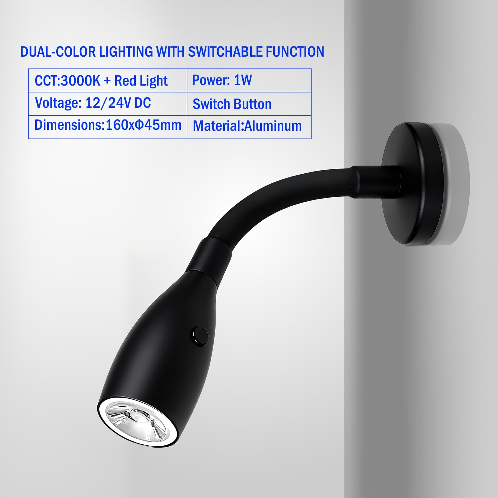 THALASSA Paquete de 2 luces flexibles de cuello de cisne de 12 V, color negro, luz de lectura para caravana, blanco cálido y rojo, modo nocturno, montado en la pared, luces debajo del gabinete, para