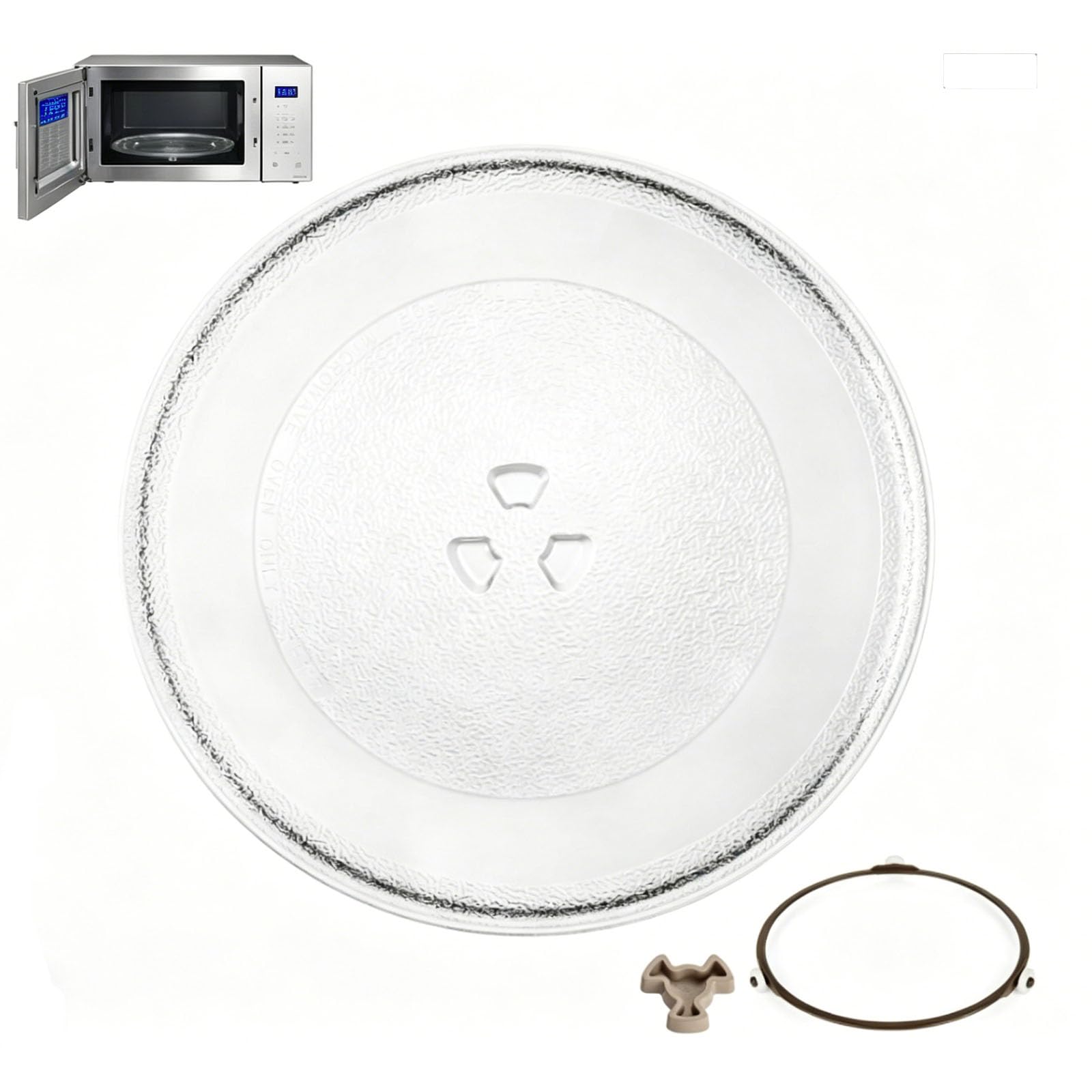 Universal Mikrowellenteller 24,5 cm Drehteller Mikrowelle mit 3 Noppen, 1 Mikrowelle Drehring und 1 Mikrowellen Drehbarer Teller Koppler Glasteller für Mikrowellen, Küche, Esszimmer
