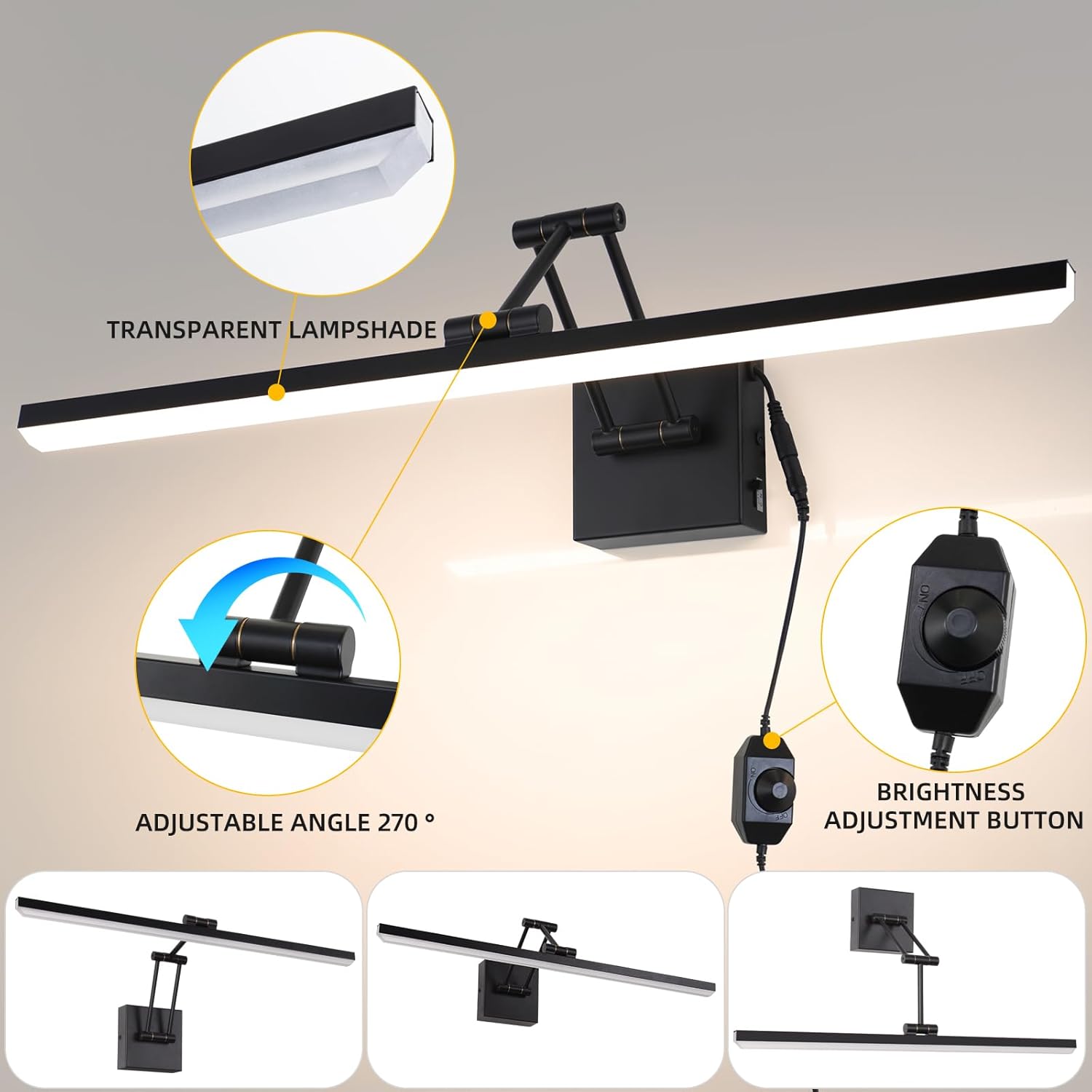 MantoLite 3CCT Dimmable LED Picture Light 24'' Wall Vanity Lights Bathroom 12W LED Dimmable Modern Mirror Wall Lights Bedroom Adjustable Swing arm Bathroom Lighting Fixture Plug-in or Hardwired Black
