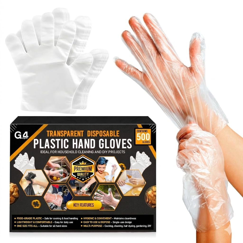 G4GADGET 500Pcs Disposable Plastic Gloves Food Safe Clear Polyethylene Gloves for Cooking Cleaning Food Handling Medical Use Kitchen Catering Powder & Latex Free One Size Fits Most
