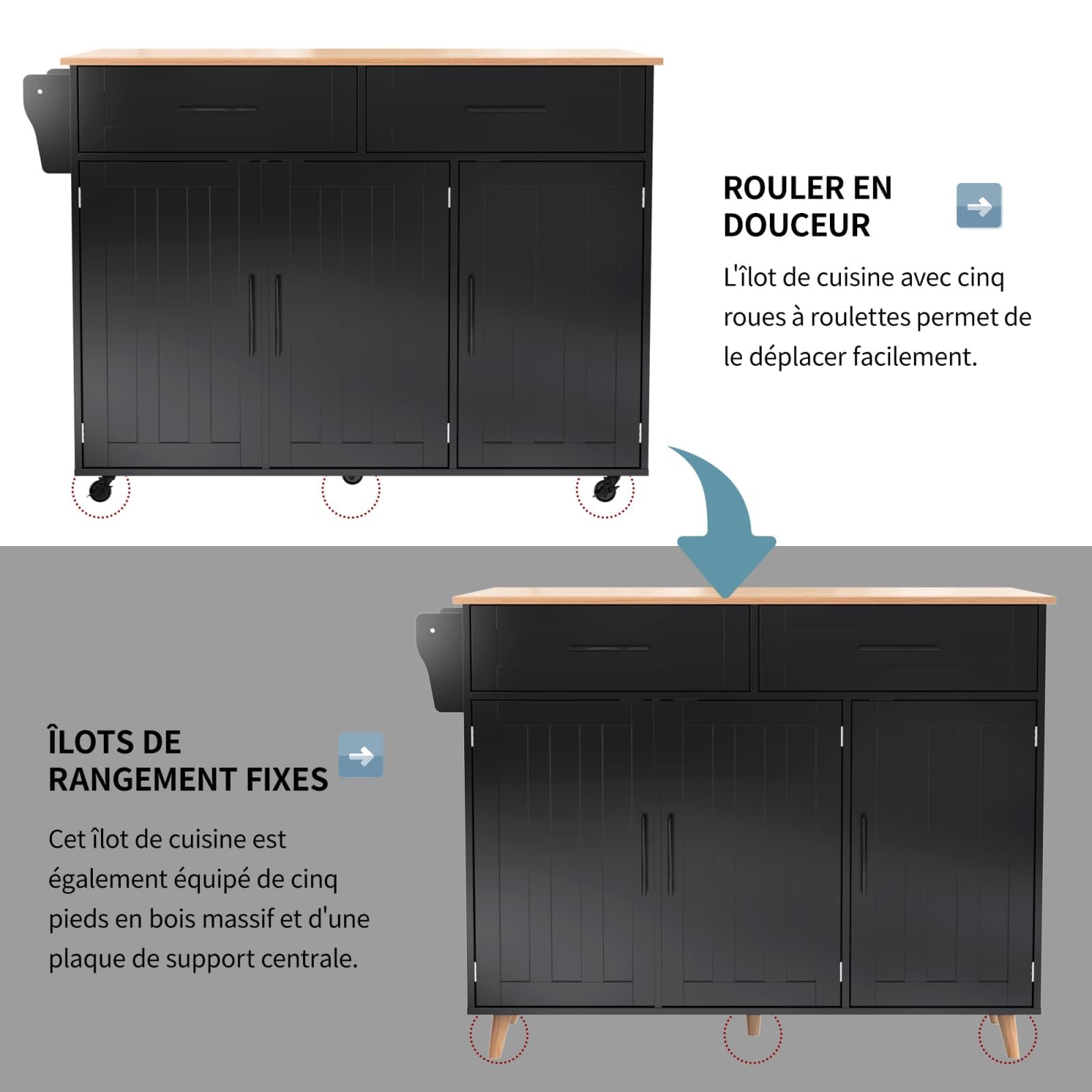 PUGSDRLY Desserte de Cuisine à roulettes,Buffet Meuble,îlot de Cuisine avec Plateau de Table Pliable,2 Tiroirs et 3 Portes,Roulette ou Pieds en Bois Massif (Noir-C)