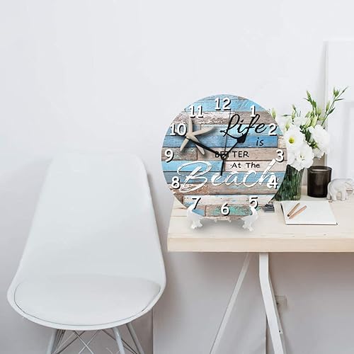 Miniatura 4 de WILL BUDXEG Summer Life Better Beach - Reloj de pared redondo de madera azul para casa de campo, sin tictac, silencioso, de cuarzo, funciona con