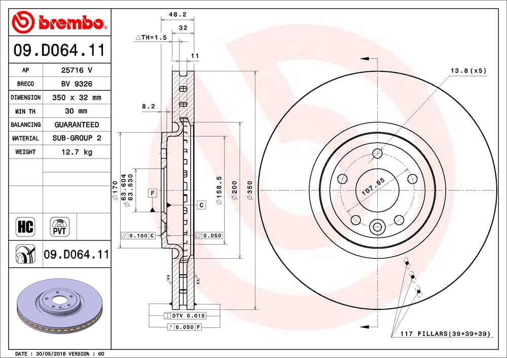 Brembo 09.D064.11 UV Coated Pillar Vented Brake Rotor JAGUAR OE# T4N1803