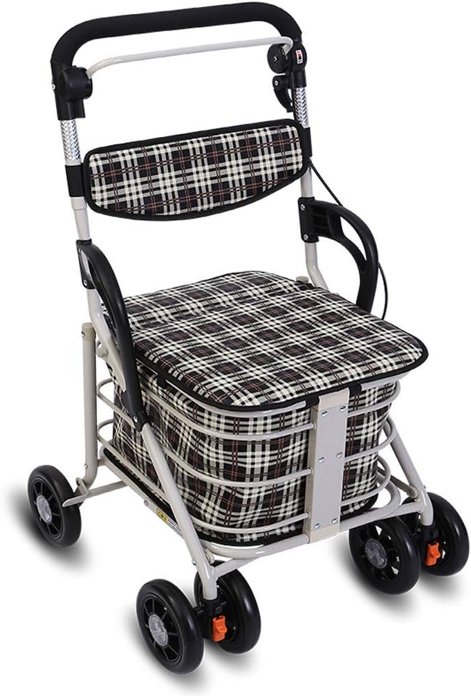 Z-SEAT Andador de Seis Ruedas de Hierro Forjado, Ayuda para Caminar, Asiento y Cesta de la Compra, Camiones de Mano de Pesca para Personas Mayores, Andador Multifuncional