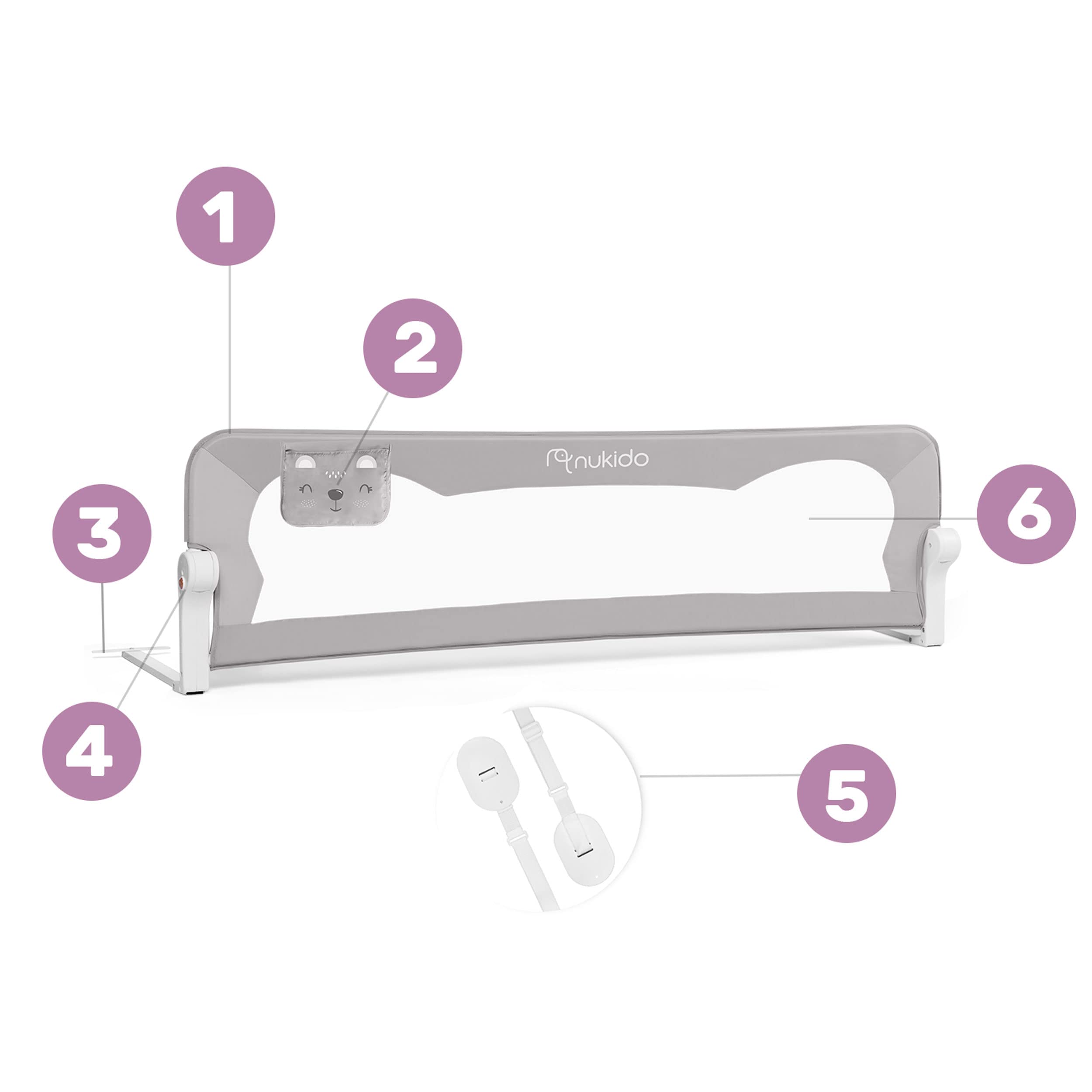 Nukido Barrera De Cama 180 x 35 x 42 cm Barandilla De Seguridad para Niños Plegable con Sistema De Bloqueo Cinturones De Seguridad Bolsillo Gris