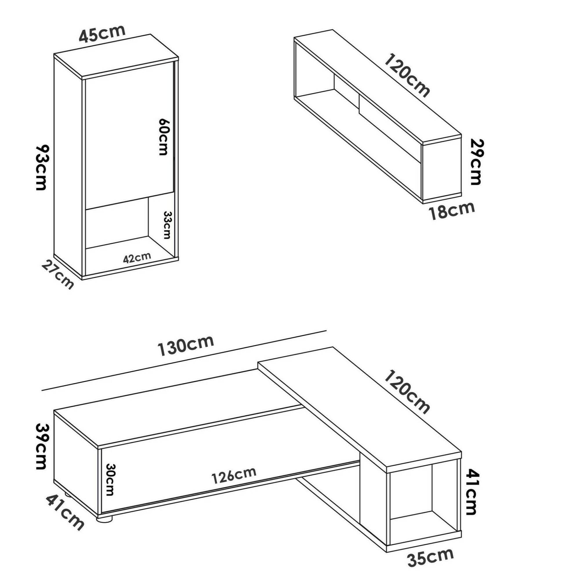 Dmora - Wohnwand Denali, modulares Eck-Wohnzimmerset, Multipositions-Wohnzimmermöbel, 230 x 41 x 180 cm, Weiß und Eiche