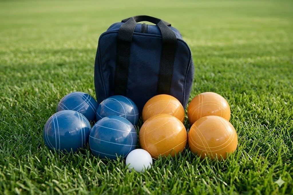 BuyBocceBalls Listing - Made in USA, Premium Quality Tournament Bocce Set - 110mm Blue and Gold Balls, Nylon Blue Bag, 998 Grams (2 lbs. 3.2 oz.). Various Bag Colors