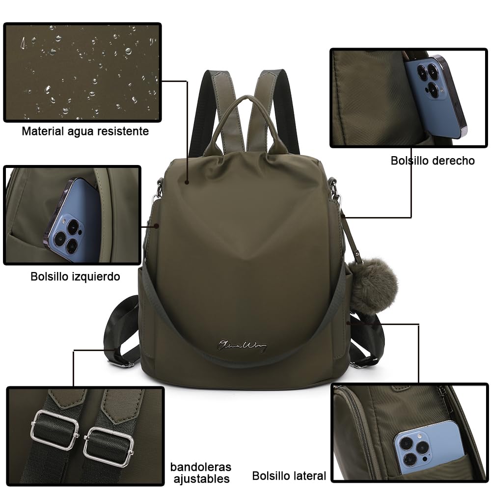 Mochila antirrobo Impermeable para mujer (13L)| Mochila Convertible en bolso con pompom y Asa desmontable de adorno