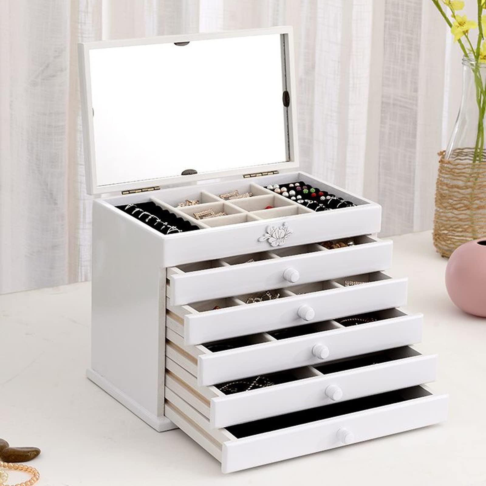 Organizer na biżuterię dla kobiet, drewniana szafka na biżuterię z zamkiem i 5 szufladami, idealne do przechowywania pierścionków i naszyjników, elegancki design dla dziewcząt