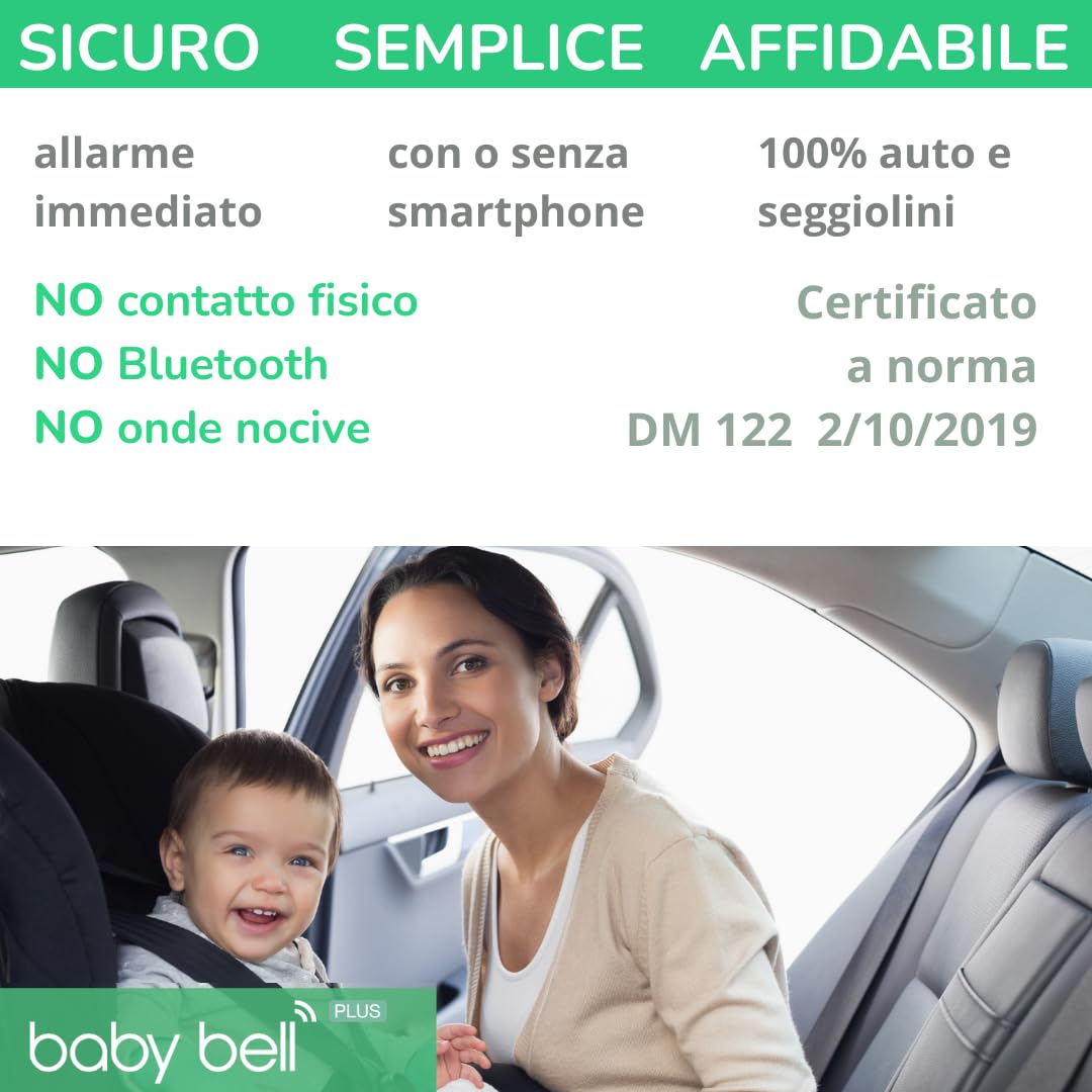 BABY BELL PLUS EDIZIONE 2025, Dispositivo antiabbandono auto, Anti abbandono seggiolino auto, Universale, con batterie nuove a lunga durata, Nuovo modello massima sicurezza