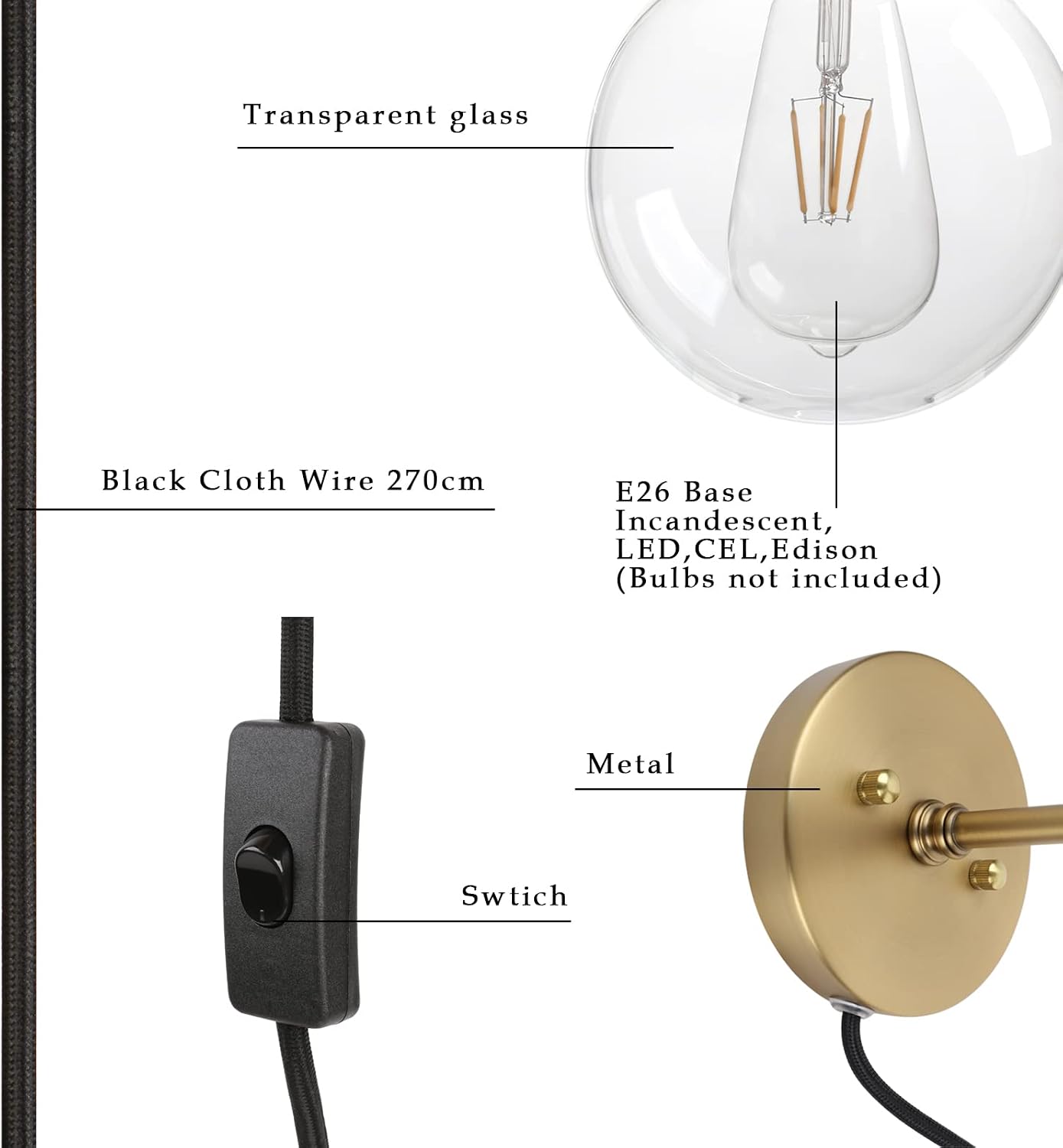 Phansthy Wall Sconce with Switch Antique Bronze Bathroom Light Fixture with 5.9 Inches Globe Glass Light Shade (Antique Gold, Globe Glass Shade)