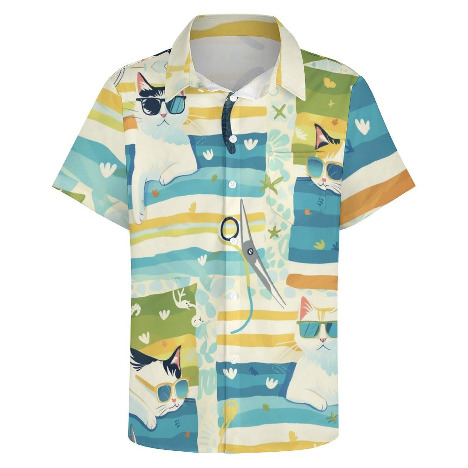 Hehanus Mens Hawaiian Shirts Funny Cat Print Short Sleeve Aloha Beach Shirt Cute Cat Summer Button Down Shirt