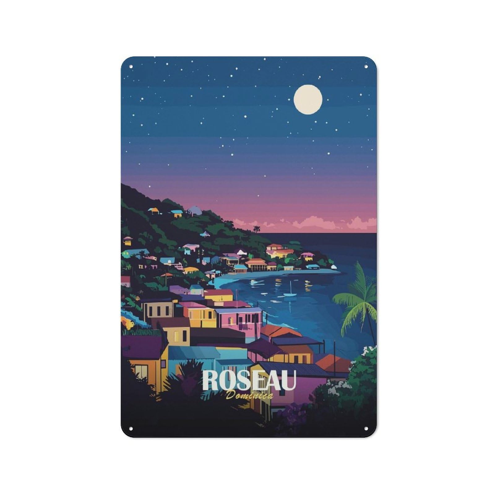 Junmoney Roseau Dominica Nightscape Art Print Vintage Metal Wall Decor 30X20cm, Decorative Metal Plaque For Coffee Bar, Small Shop Or Dining Room