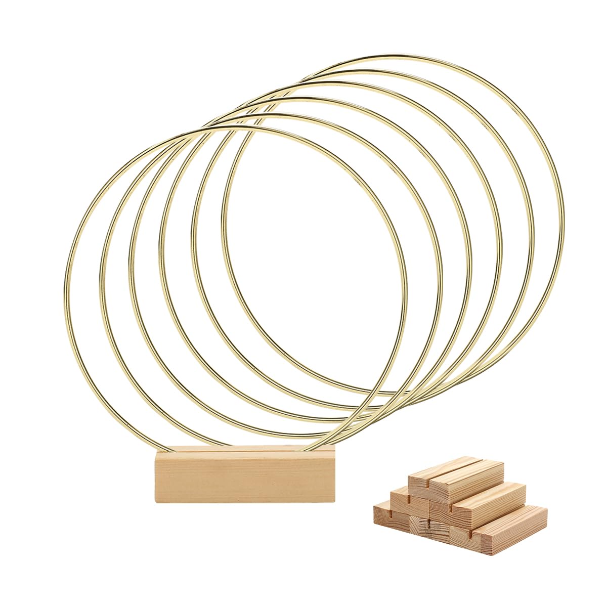 Worown Lot de 6 centres de table en métal de 20 cm avec support en bois pour table, anneaux de couronne dorés pour faire des décorations de couronne de table de mariage