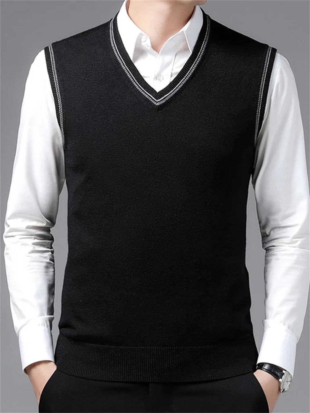 Men's solid Cotton Sweater Vest Solid Color V-Neck Knitted Sleeveless Pullover Street Loose Knitted Vest