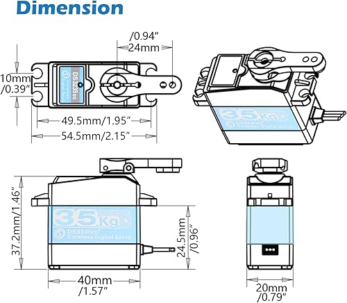 Vista 10 de DS3225MG Servo digital sin núcleo de 55.1 lbs de alto par de torsión de 270 grados impermeable de metal completo servo motor con brazo servo 25T