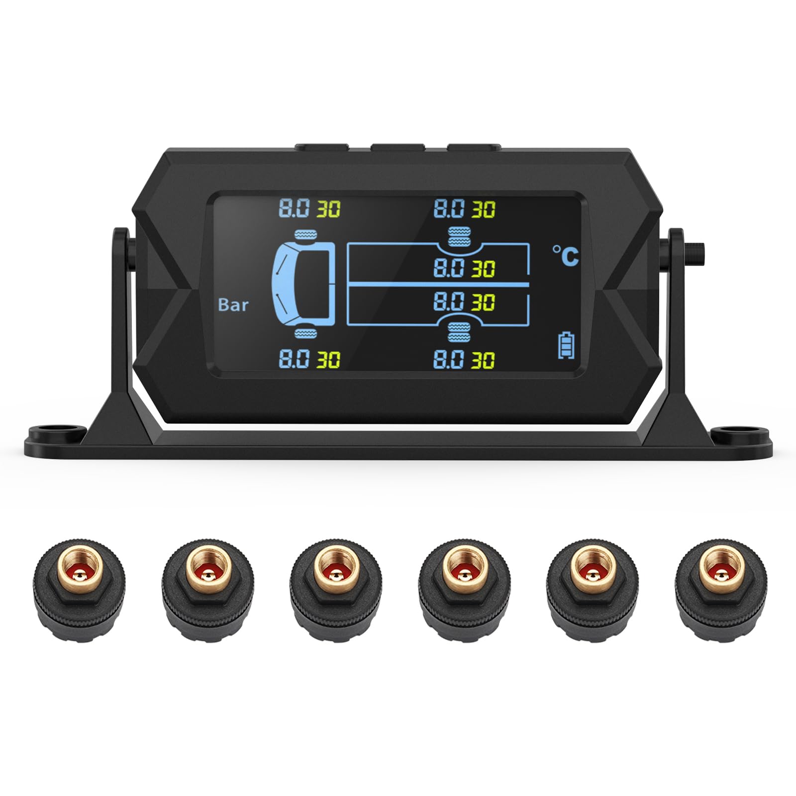 Tire Pressure Monitoring System, 3.5” Cordless Solar Charging RV TPMS with 6 External Sensors, 5 Alarm Modes, Auto Backlight & Saving Mode, W/Repeater for Longer Transmission (214PSI/15BAR)