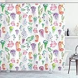 Ambesonne Jellyfish Shower Curtain, Colorful Seahorses Jellyfish and Seaweed Algae Fun Underwater Design Pattern, Cloth Fabric Bathroom Decor Set with Hooks, 69' W x 70' L, Green Pink