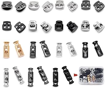 SEMINI 30pcs 8 Styles Alloy Toggle Stoppers, Single/Double Hole Spring Loaded Stop Sliding Cord Fastener Locks Buttons for Backpacks Shoelace Replacement