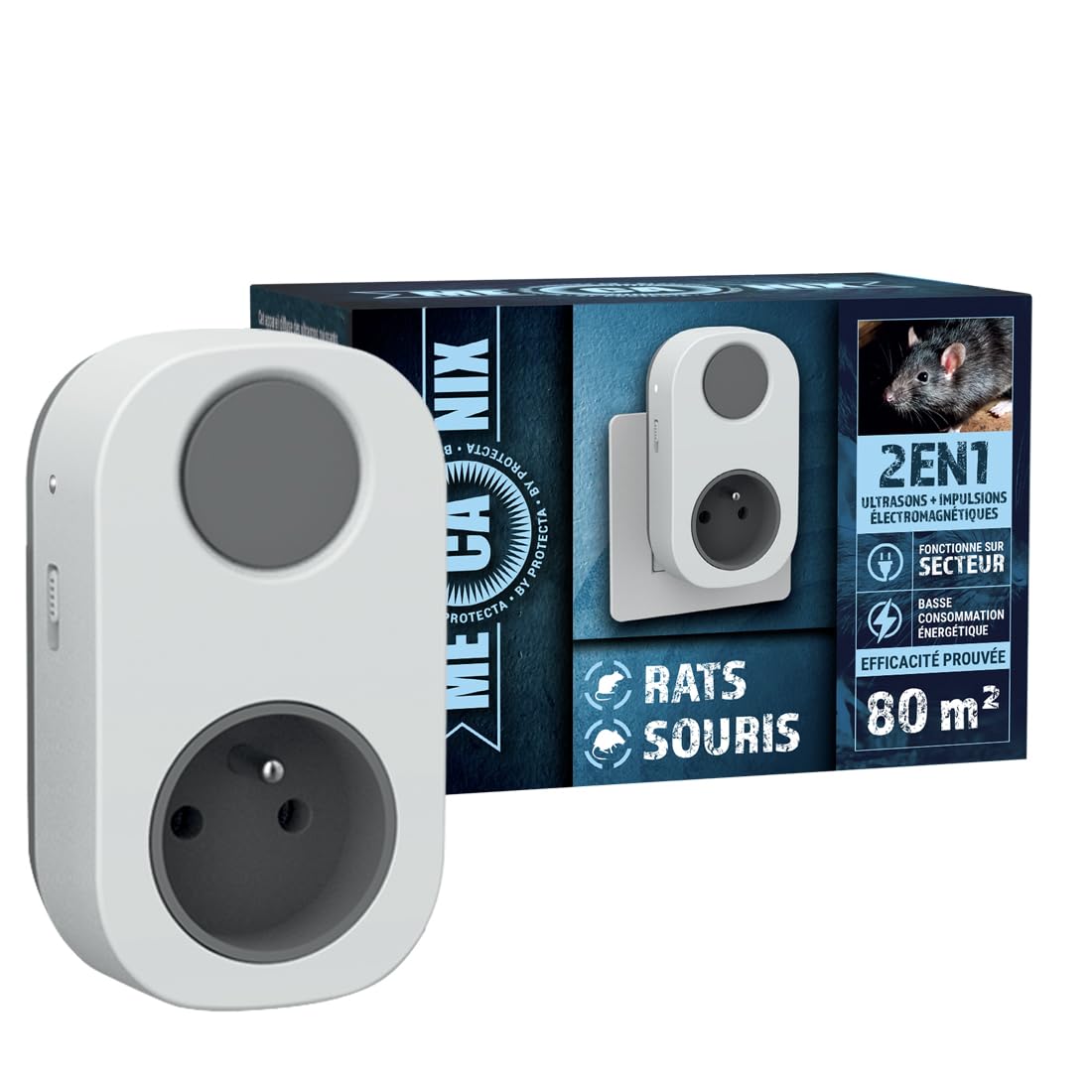 MECANIX® - Répulsif 2-​en-​1 Ultrasons & Impulsions Électromagnétiques Anti-​Souris et Rats - Fréquences Variables - 240V - Protection 80m² - sans Danger pour Enfants et Animaux – Faible Consommation