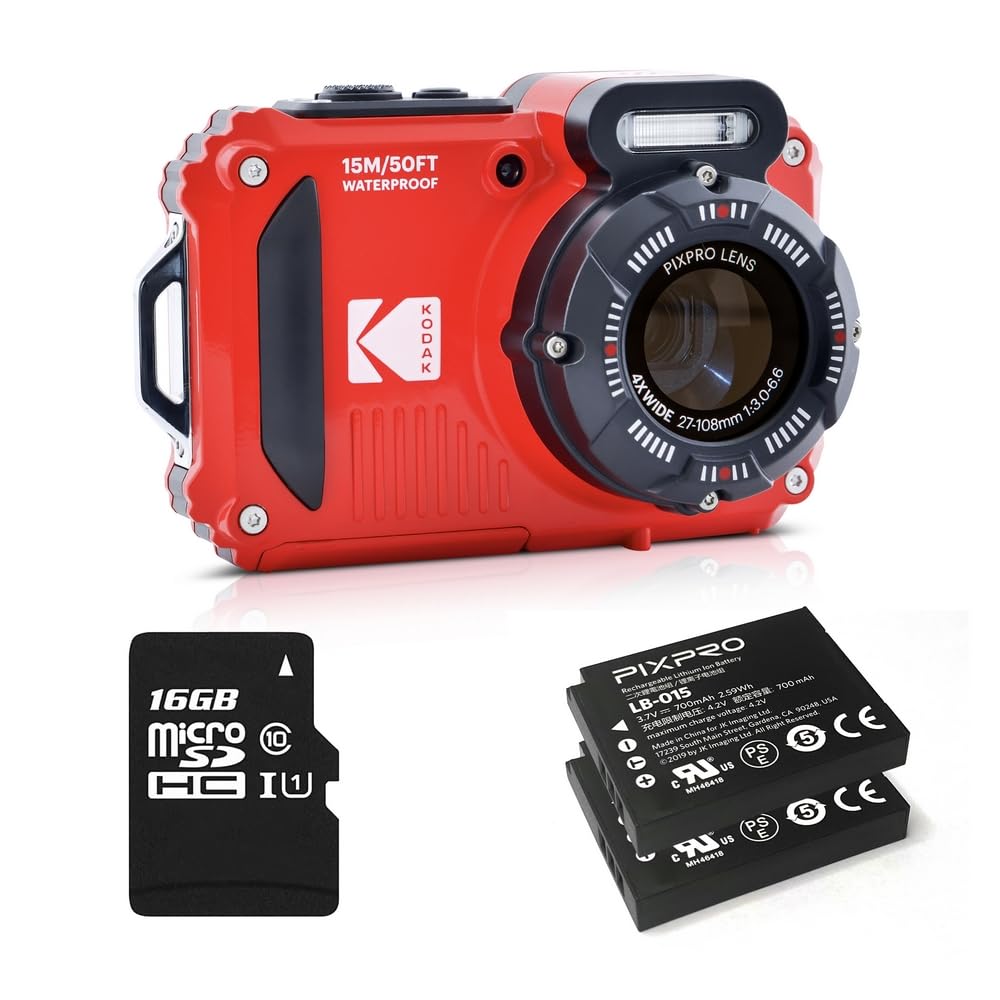 KODAK Pixpro Pack WPZ2 + 2 Batteries + 1 Carte SD - Appareil Photo Numérique Compact 16M Pixels, Etanche à 15m, Anti-Choc, Video 720p, Ecran LCD 2,7 - Batterie Li-ION - Rouge