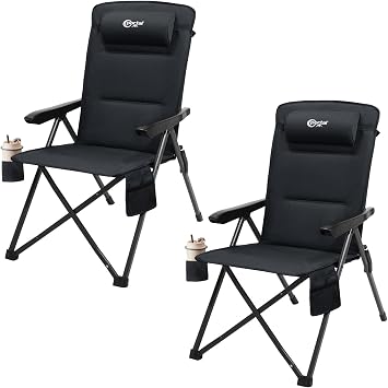 Portal Reclining Camping Chairs for Adults Set of 2 Heavy Duty High Back Luxury Padded Folding Garden Chair with Adjustable Pillow Oversized 160KG Comfy Deck Chair for Festival Dining Caravan
