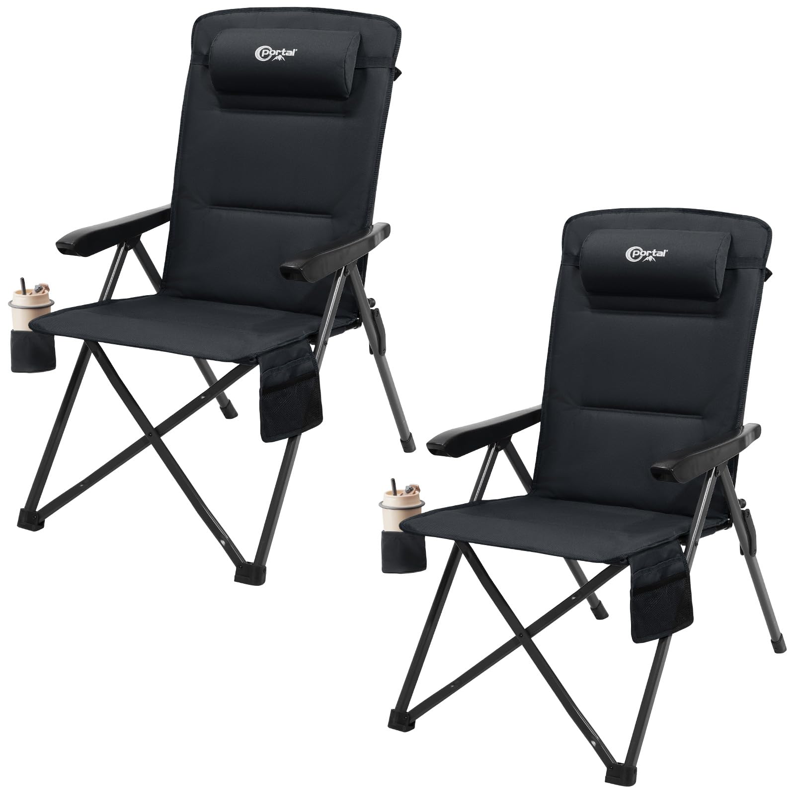 Portal Reclining Camping Chairs for Adults Set of 2 Heavy Duty High Back Luxury Padded Folding Garden Chair with Adjustable Pillow Oversized 160KG Comfy Deck Chair for Festival Dining Caravan