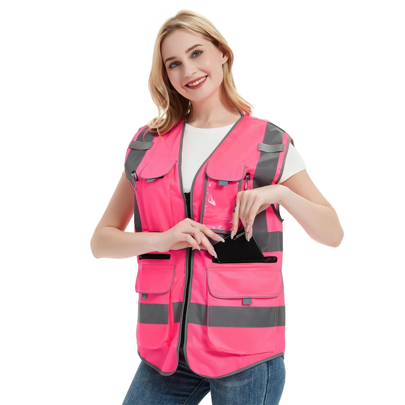 ByNGSDCC Pink High Visibility Safety Vest for Men Women - Workwear Uniforms with Pockets Work Clothes(XS)