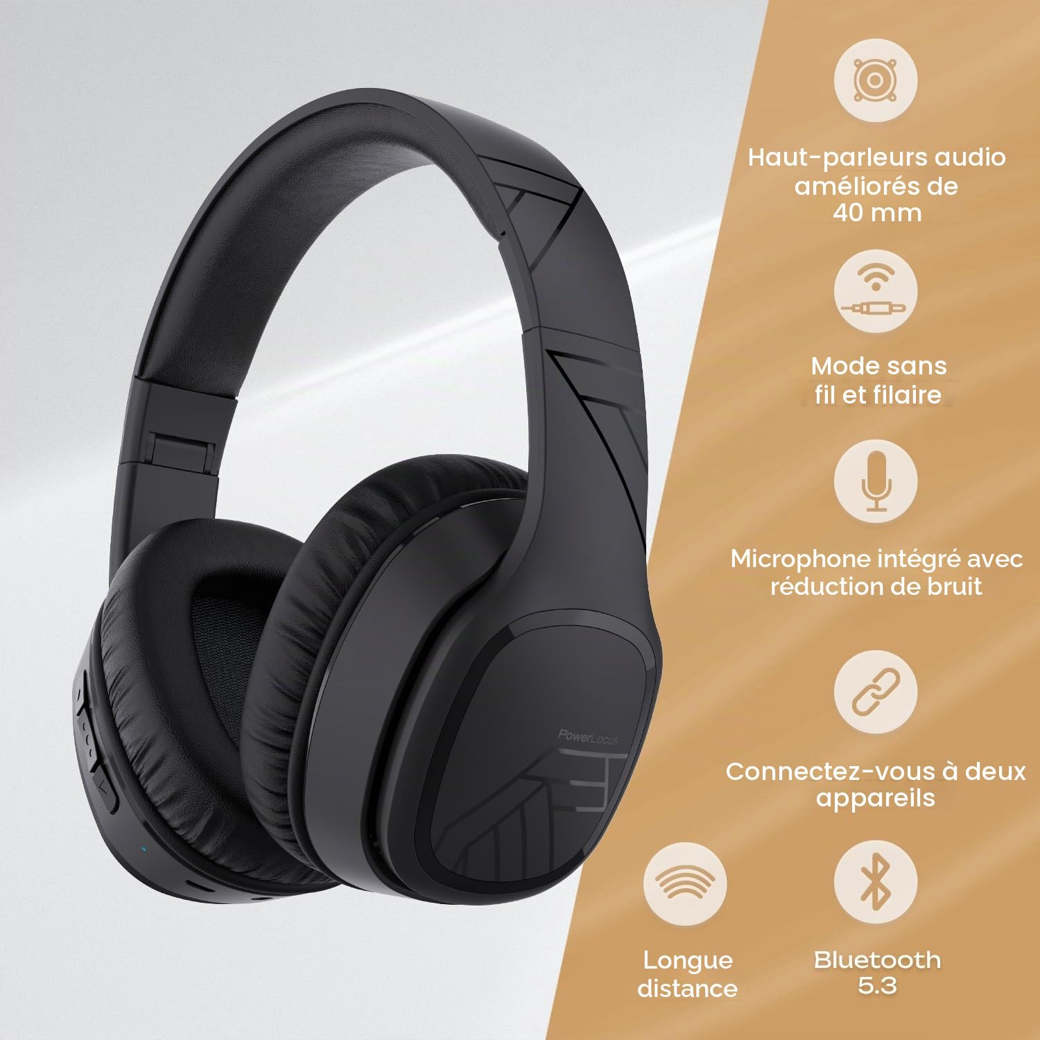 PowerLocus Casque Bluetooth sans Fil, 60 Heures, Casque Audio Bluetooth Pliable avec Microphone, Casque sur l'oreille Confortable, Son stéréo pour Voyage/iPhone/iPad/TV/PC