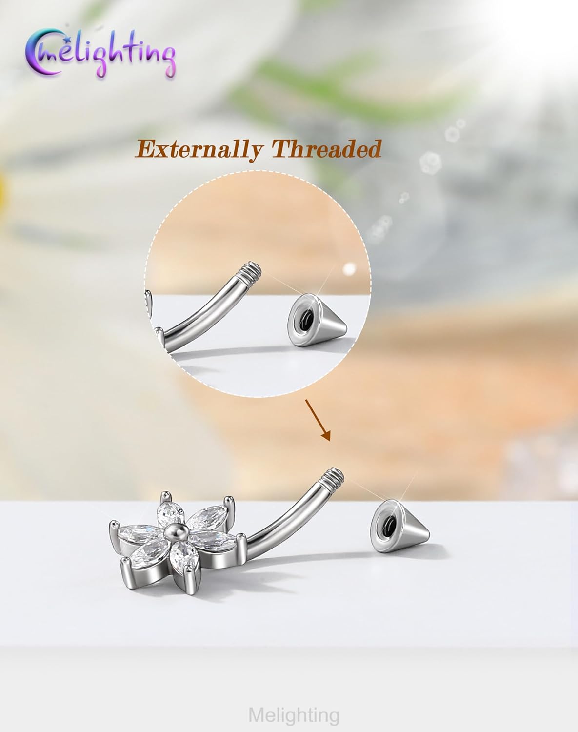 Melighting 16G Flower Rook Piercing Jewelry Surgical Steel 316L, Marquise CZ Eyebrow Ring, 8 mm Silver Vertical Labret Lip Jewelry, Lotus Cartilage Helix Earring for Women - Image 3