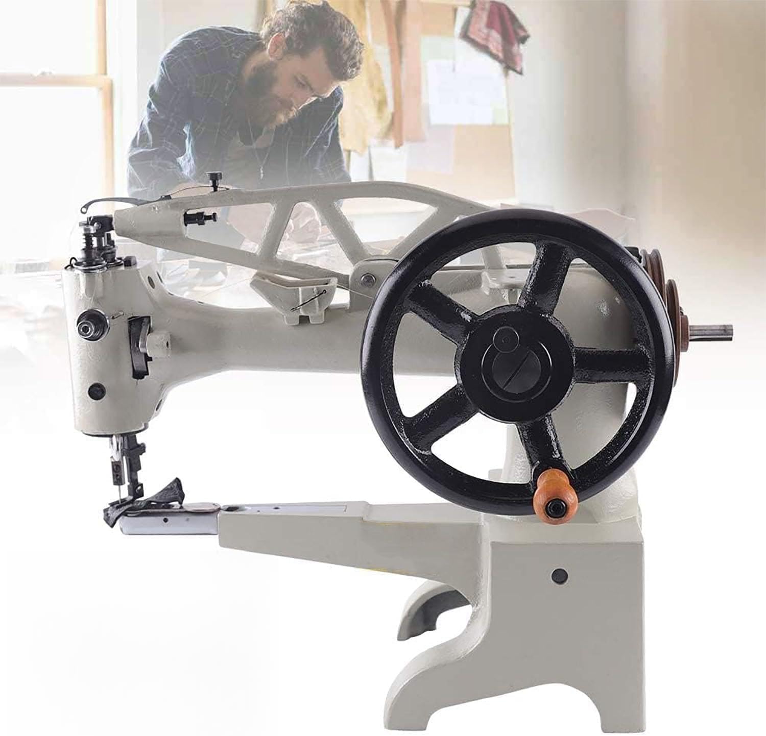 Macchina da Cucire Industriale a Cilindro per Riparazione Scarpe, con manovella e Piedino Girevole a 360°, 500 Punti/Minuto, Braccio da 32 cm.
