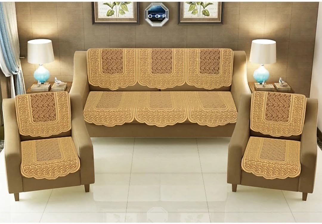 Croox Poly Cotton Fabric Abstract Sofa and Chair Covers Set of 5 Seater (1 Pieces) Gold-image-11