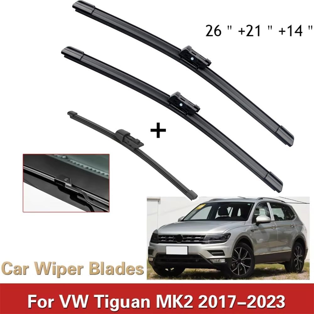 3PCS Wiper Front & Rear Wiper Blades Set Compatible with Tiguan MK2 2017-2023 Windshield Windscreen Window 26"+21"+14"
