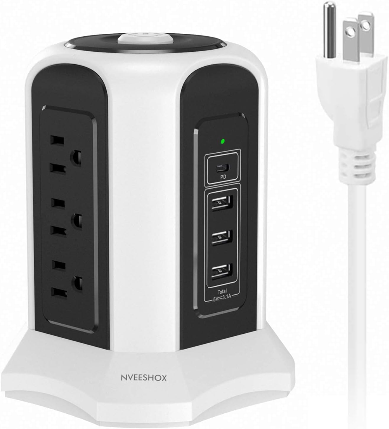 NVEESHOX Power Strip Tower Surge Protector with 9 Outlets 1 USB C & 3 USB A Ports, 10ft Extension Cord Charging Tower with Multiple Outlets, Overload Surge Protection Fire Proof for Home Office Dorm
