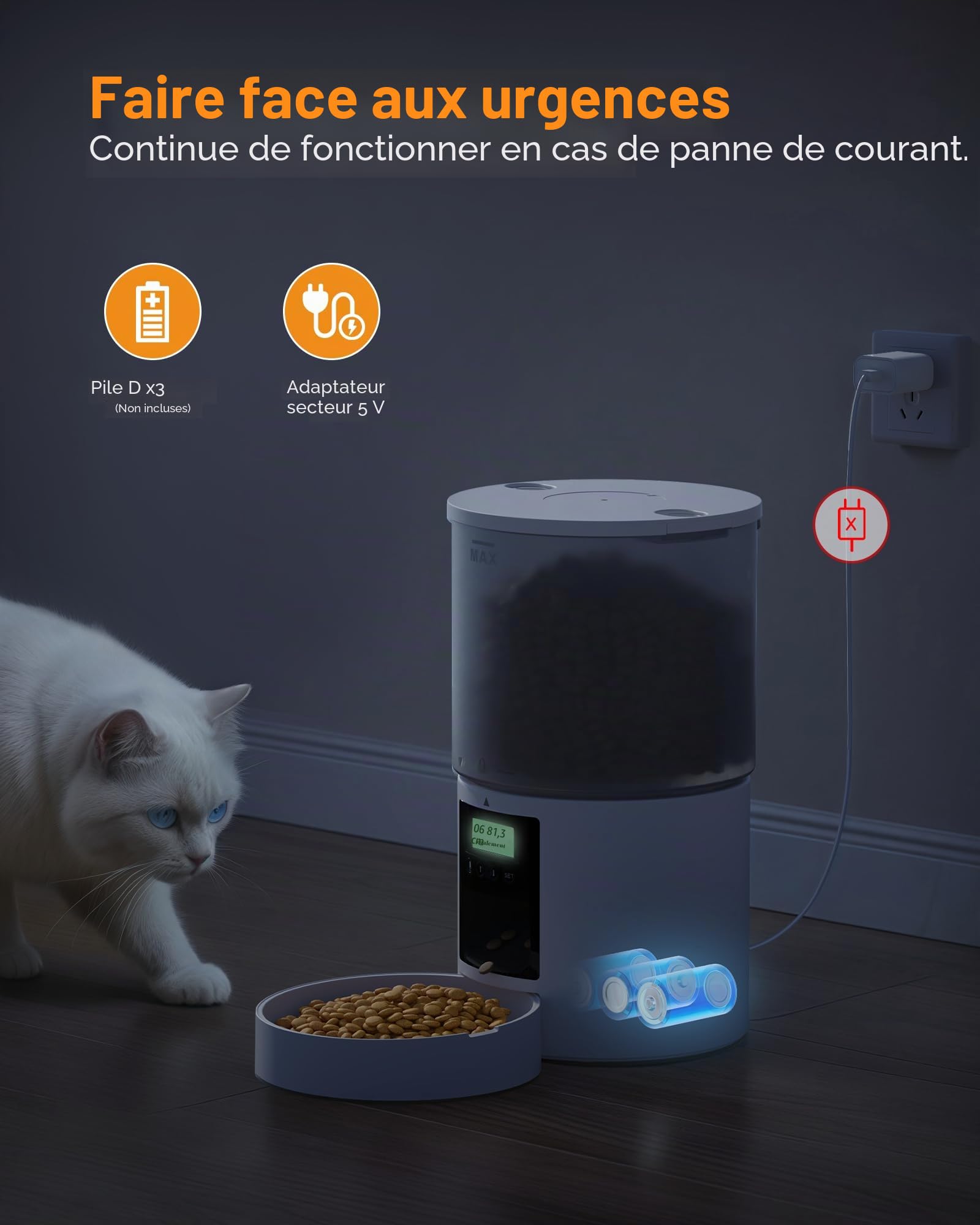 Distributeur Croquettes Chat Automatique: 4L Distributeur Croquettes Chat avec Minuterie Programmable - 1-6 Repas par Jour - avec Appuyez sur Le Couvercle et Fonction D'Enregistrement 10s Blanc