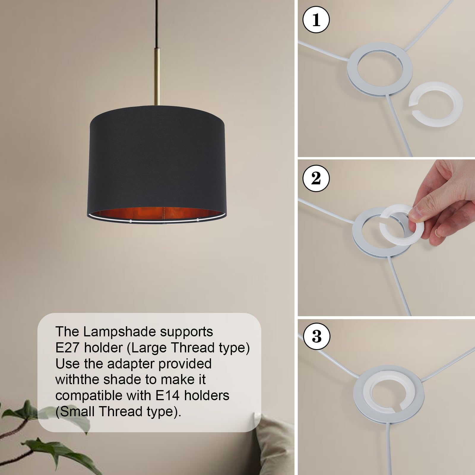 Klosz lampy okrągły, materiał na lampę stołową, lampy wiszące, lampy stojące, do oprawy E14, E27, lniany abażur do salonu i sypialni (czarny + złoty)