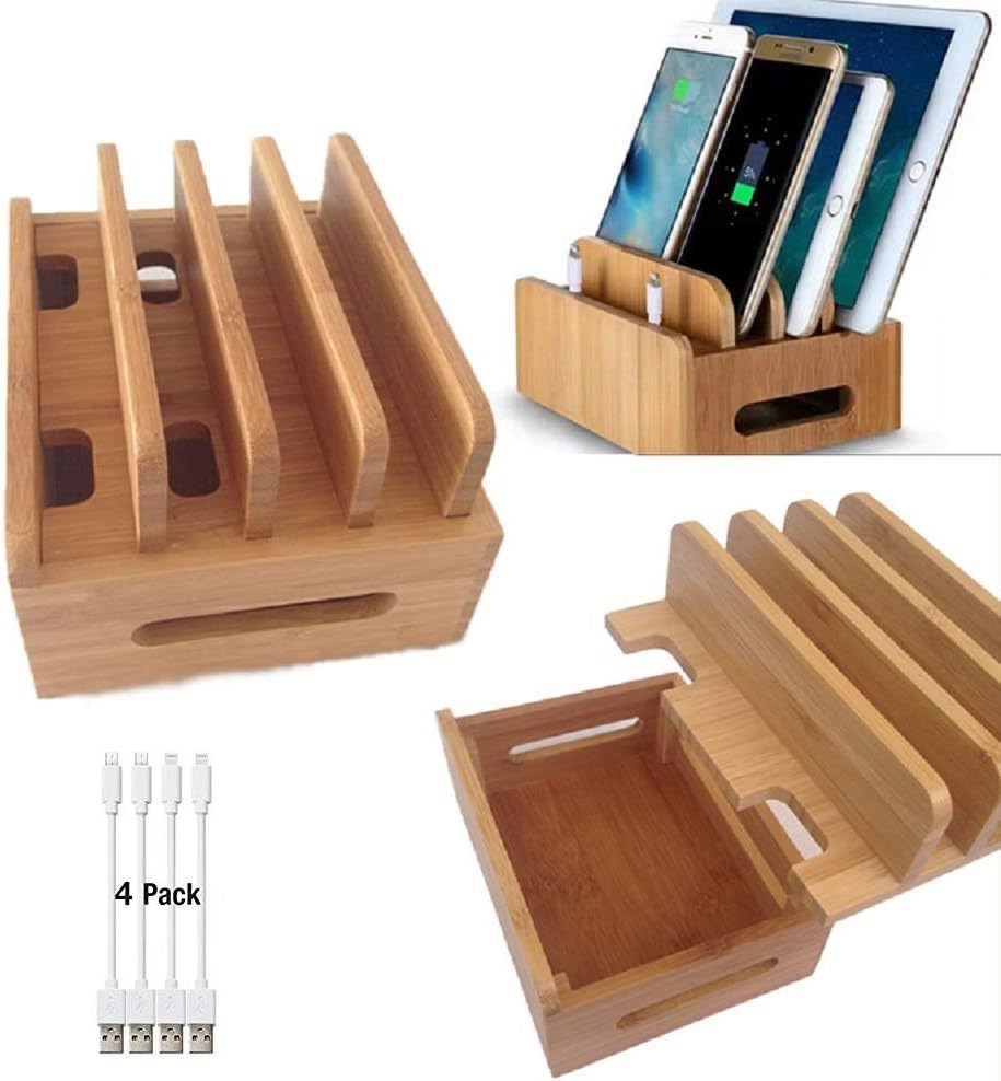 Bamboo Charging Stations for Multiple Devices, Desk Docking Station Organizer for Cell Phone, Tablet (Include Bamboo Wood Dock Station, 4 USB Charger Cables 8inch) by SYGJ