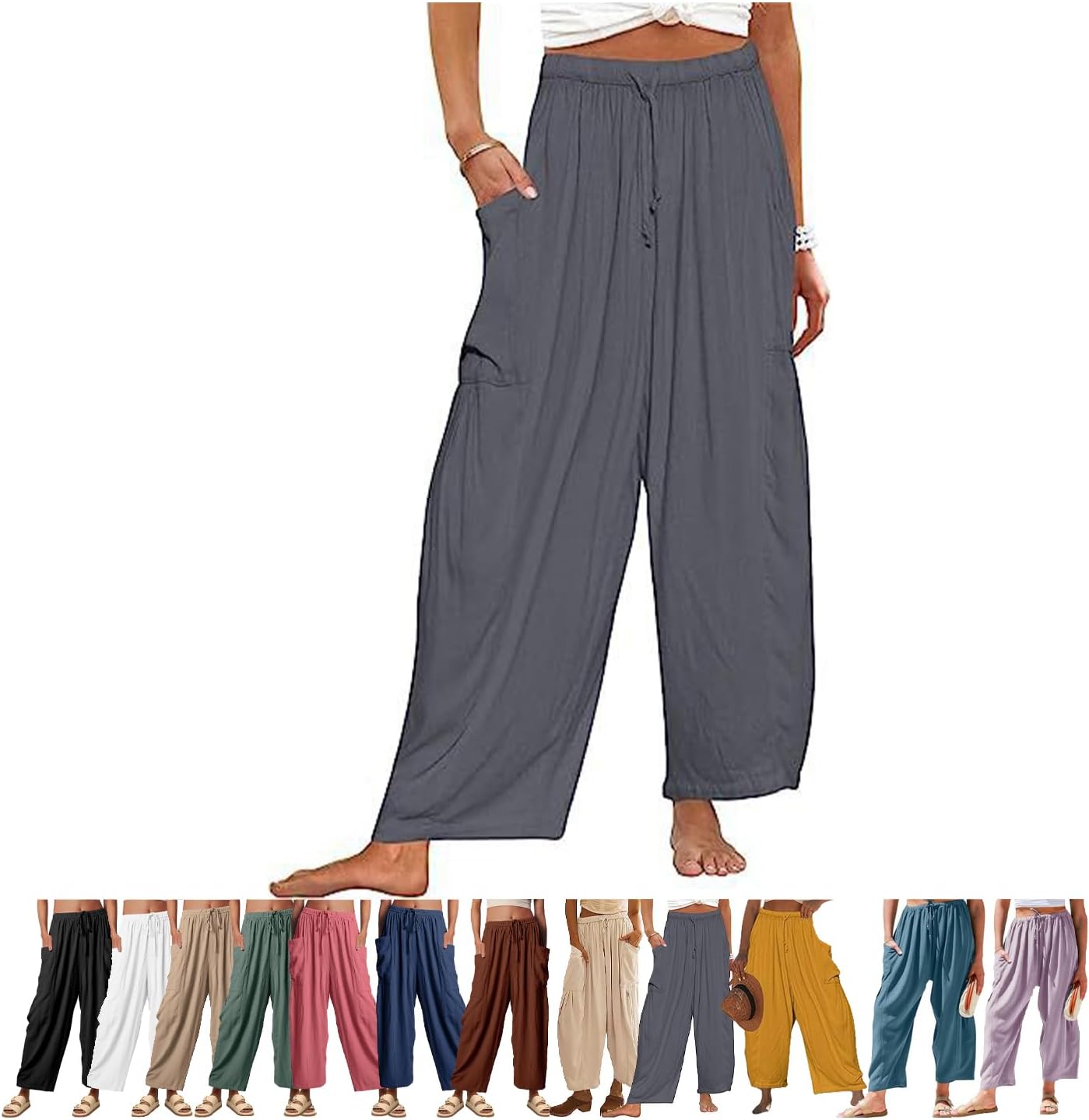 Women's Linen Wide Leg Pants with Pockets,Casual Loose Drawstring Summer Beach Travel Vacation Palazzo Harem