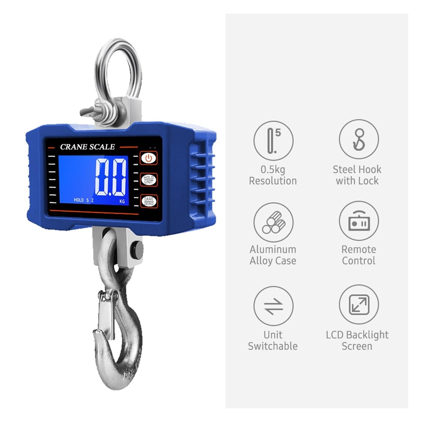 Báscula de grúa digital Báscula colgante digital portátil con control remoto 1000 kg / 2204 lbs Báscula de grúa de servicio pesado Báscula de gancho industrial con retroiluminación LCD(Blauw)