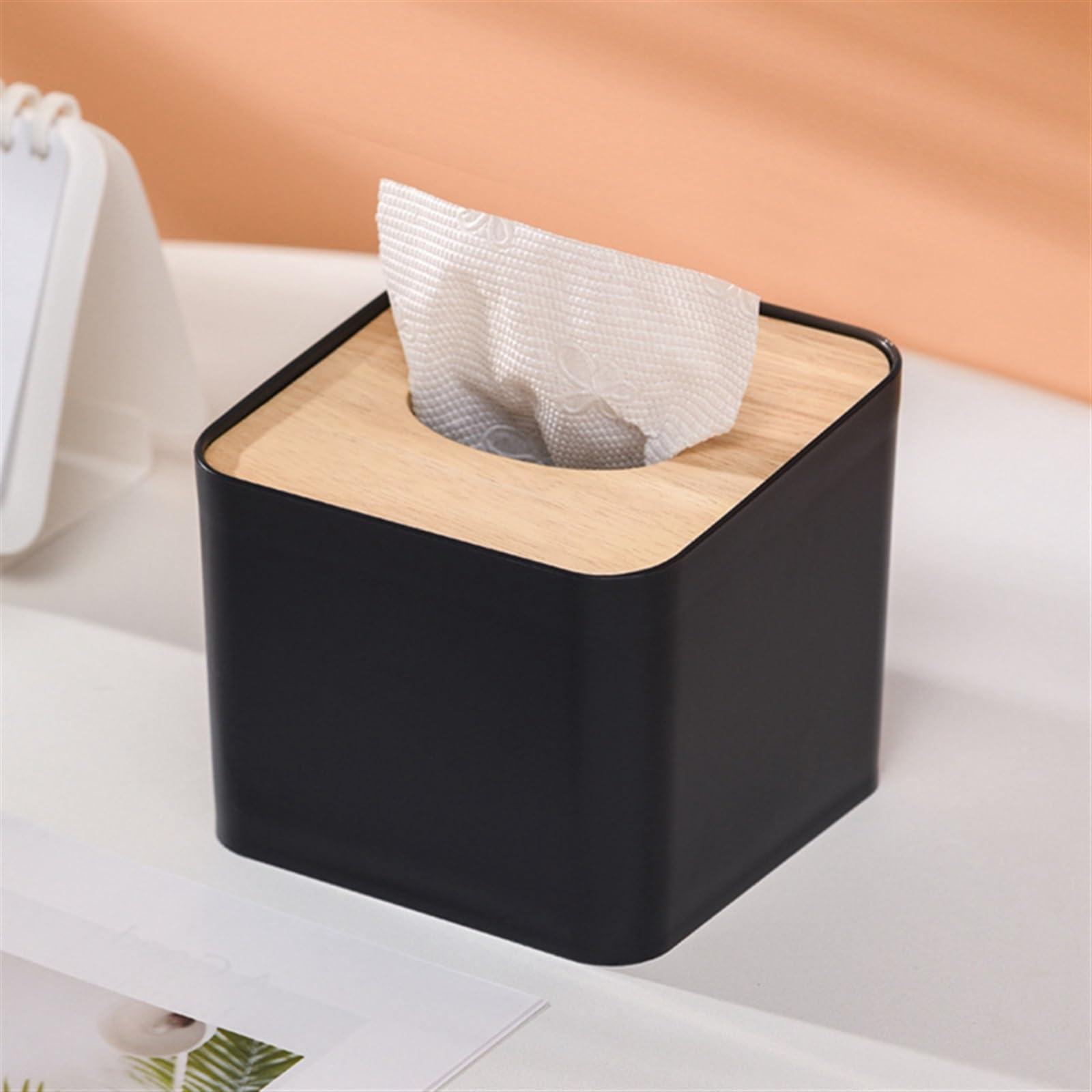 Pudełko na chusteczki Drewniany uchwyt na papier toaletowy, ręcznik papierowy, pudełko do przechowywania serwetek, dozownik na chusteczki, etui na chusteczki do domu i biura(Black)