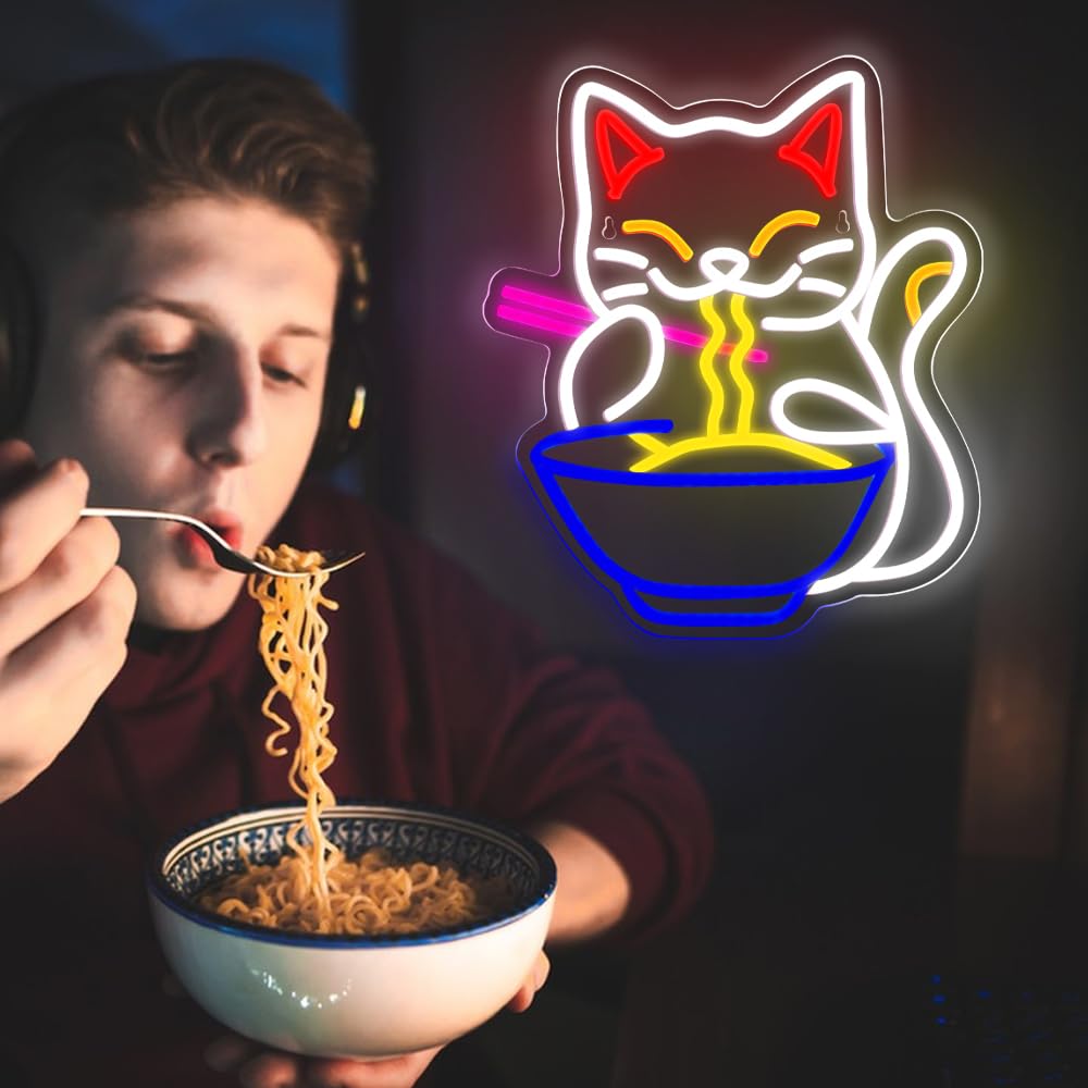 Cat Ramen Ramen Gatto Segno al neon per la decorazione della parete, Lucky Ramen Fortune Gatto Noodle Dimmable Led Segni giapponesi Maneki Neko Segni, Resturant Girls Room Art Decor
