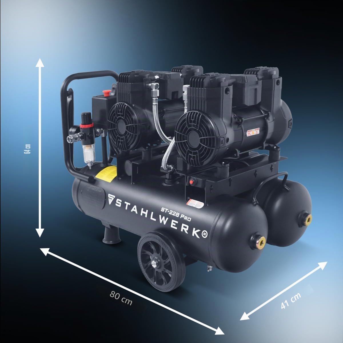 STAHLWERK Compresor con tanque de 22 L (ST-228 Pro) – sin aceite y silencioso, 8 bar, compresor de aire con motores sin escobillas, 3,54 CV, 2,6 kW, 410 l/min, compresor de pistón silencioso