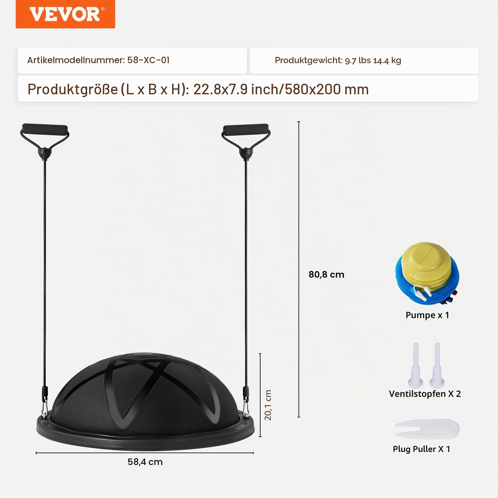 VEVOR Halb-Gymnastikball-Trainer, 58 cm Balance Ball Trainer, 300 kg, Yoga-Ball mit Widerstandsbändern und Pumpe, Kraft-Fitnessball für das Heim-Fitnessstudio, Ganzkörpertraining, Schwarz