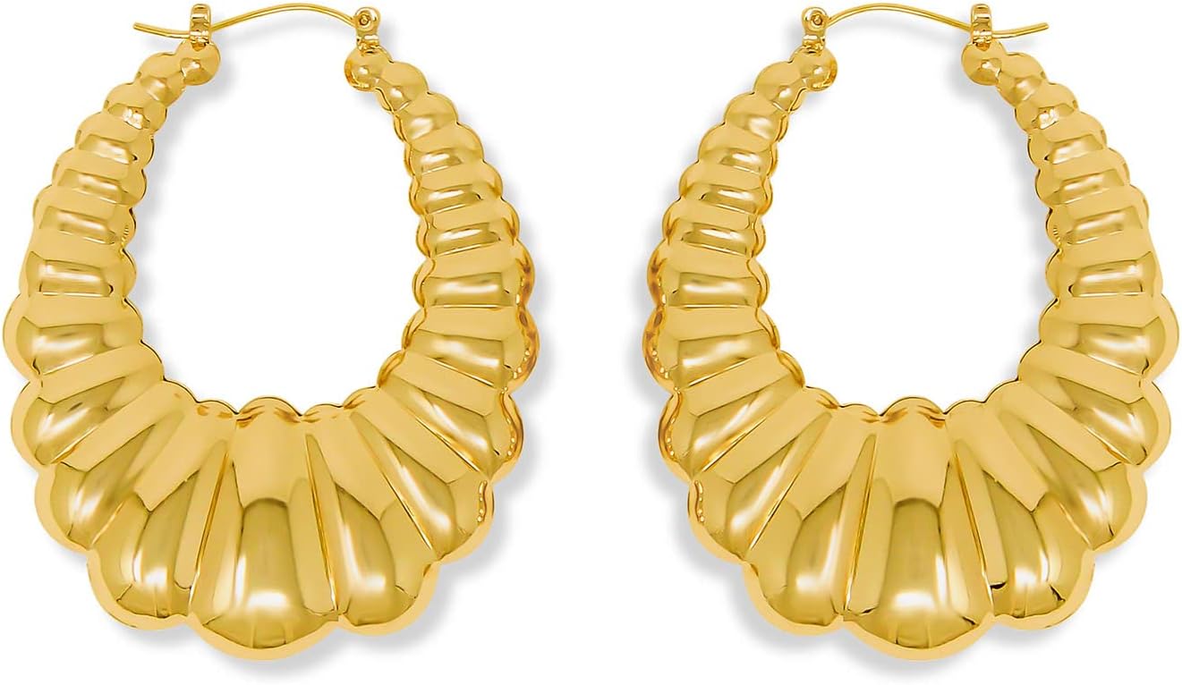 Gold Plated Hoop Earrings for Women – 2 Inch Oval Shaped Shrimp Puffy Scalloped Door Knocker Style – Women's Fashion Jewelry with Box