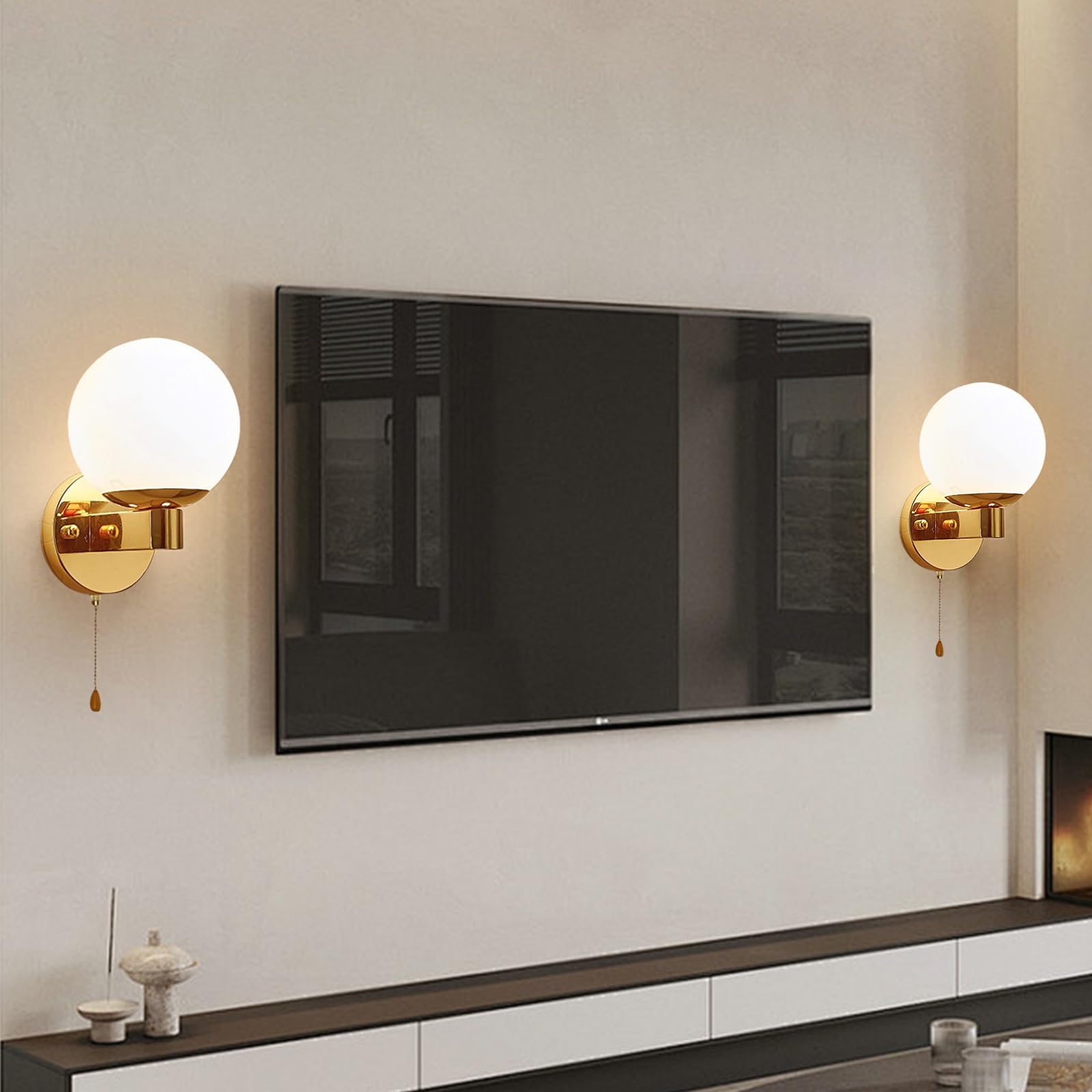 Nordic Modern Wandlamp, E27 Glazen Bol LED, Mat Textuur Ronde Slaapkamer Wandverlichting, 110-240V